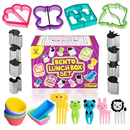Complete Bento Lunch Box Supplies and Accessories For Kids - Sandwich Cutter and Bread Crust Shape Remover - Mini Vegetable Fruit Shapes cookie cutters - Silicone Cup Dividers - FREE Food Pick forks