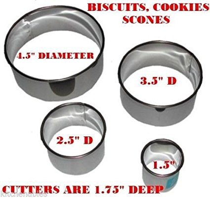Ateco Set 4 Stainless Steel Round Biscuit Cookie Cutters 1.75 Deep by Cookie Cutters
