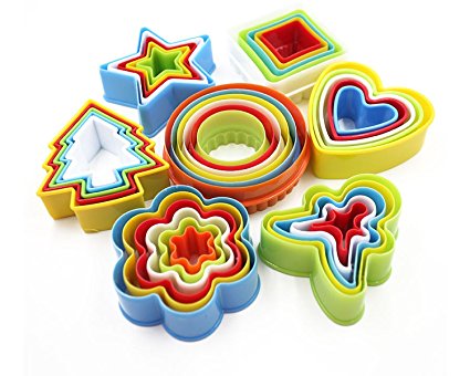 Cookie and Biscuit Cutter Set by CiE. Set of 37- fondant & sandwich cutters in various sizes. Round, heart, flower, square, Christmas tree, star & gingerbread man.