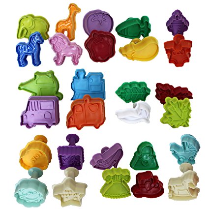 Kurtzy 28 Pieces Plunger Cookie Cutters - Spring Plunger Cutter - Plastic Biscuit Cutter - Fondant Plunger Cutters and Molds - Pastry Cutter in Animal, Vegetable, Baby Themed and more