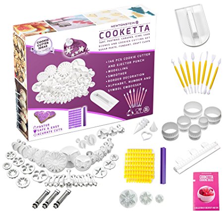 Cooketta - 157 pcs Tart, Pastries, Canapés, Icing, Cake, Clay, Fondant, Sugarpaste, Scones, and Cookies Cutter and embosser design set with ideas book